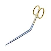 Cottle-Dorsal ScissorsTC For Plastic Surgery Straight, Blunt, Angled Shanks, Upper Blade Serrated, Flattened Ragnell Tips, Tungsten Carbide Blades Satin Finish Crosswise High Polish Gold Ring Handles, Overall Length 5 1/2" (140mm)  